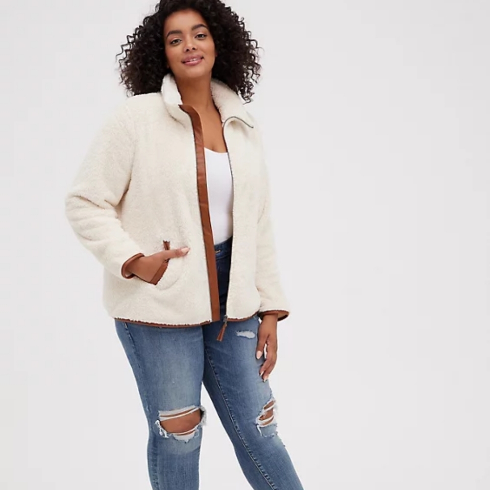 Torrid Faux Shearling Zip Front Trim Contrast Jacket - Picture 2 of 9